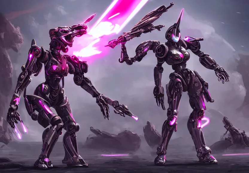 Prompt: epic cinematic shot of stunning beautiful hot anthropomorphic mecha female dragon fighting in the nuclear war with laser rifle, has silver armor and fuchsia skin, skeletons riddling the ground, bleak, warframe fanart, terminator art, epic scale, furaffinity, deviantart, octane