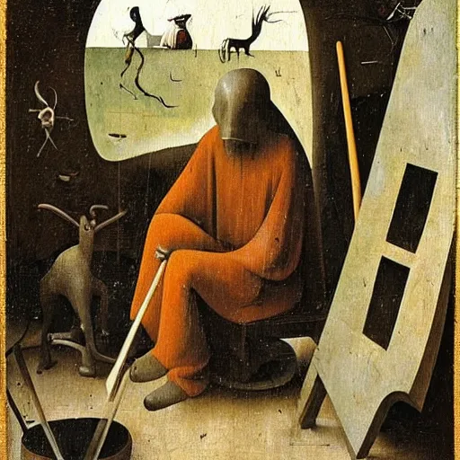 Prompt: a painter at his easel crying in despair, Hieronymous Bosch