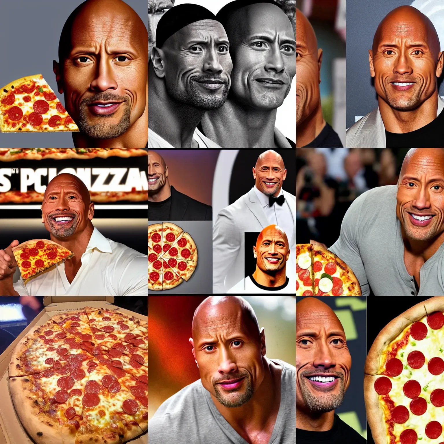 Prompt: dwayne johnson's face emerges from the middle of a pizza