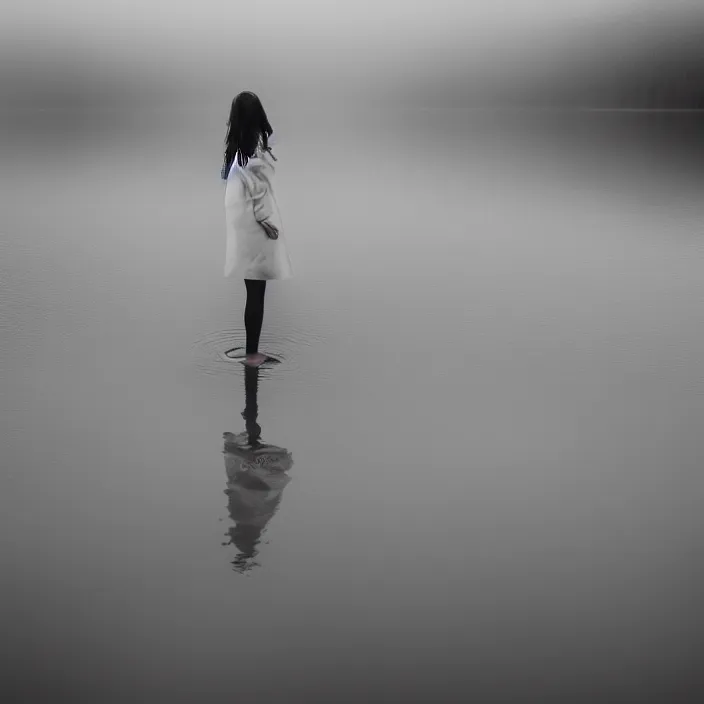 Image similar to a woman, standing in shallow endless water, foggy, backlit, backlit, photo by Marat Safin, Canon EOS R3, f/1.4, ISO 200, 1/160s, 8K, RAW, unedited, symmetrical balance, in-frame