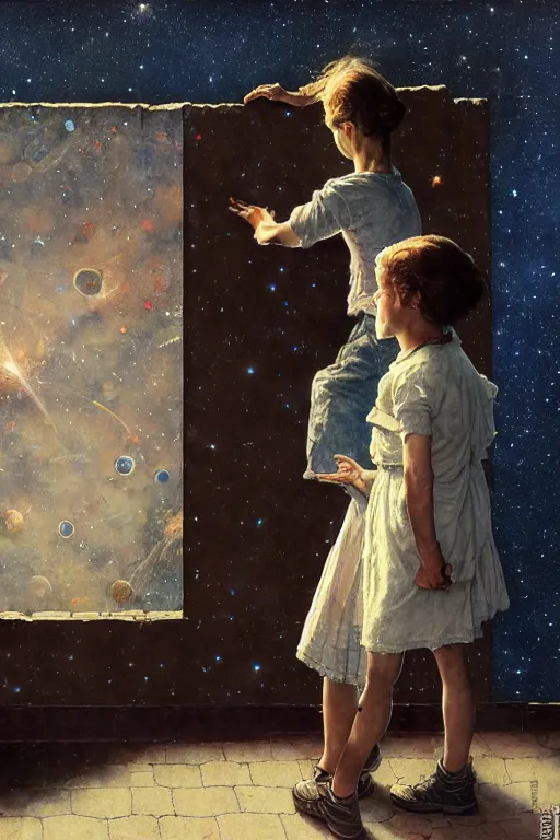 Image similar to a 5 year old boy and 1 2 year old girl looking at a wall and viewing the universe full of galaxies, part by norman rockwell, part by greg rutkowski, part by mattias adolfsson, high angle, ( ( ( ( volumetric lighting ) ) ) ), oil on canvas