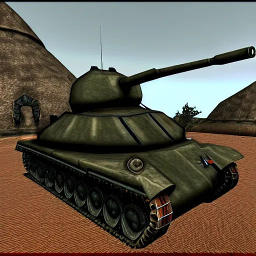 Image similar to wwii tank in morrowind, retro 3 d graphics, game screenshot