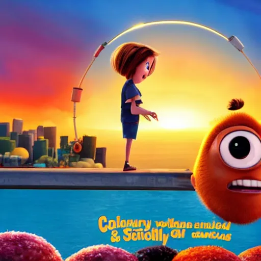 Image similar to A screenshot from Cloudy with a Chance of Meatballs (2009), sunset time, award winning