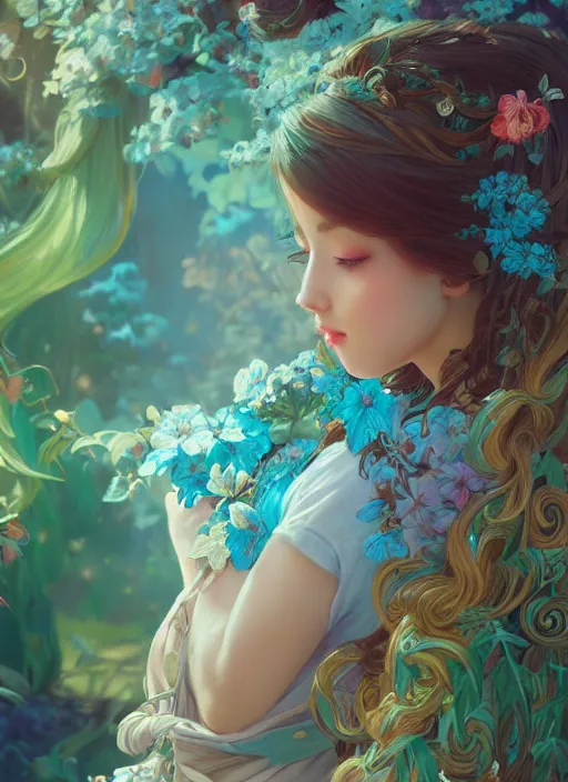 Image similar to beautiful girl with long turqoise hair, in a garden, cute, intricate, highly detailed, digital painting, trending on artstation, concept art, smooth, sharp focus, backlit, rim light, vivid colors, illustration, unreal engine 5, 8 k, art by rossdraws and alphonse mucha