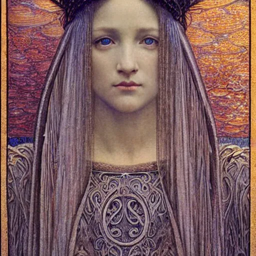 Prompt: detailed realistic beautiful young medieval queen face portrait by jean delville, art nouveau, symbolist, visionary, gothic