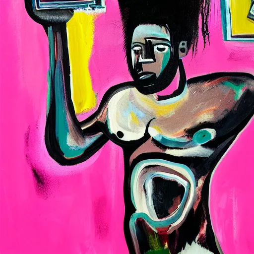 Image similar to A mirror selfie of a black handsome muscular man with white angel wings and black devil horns holding an iPhone, pitchfork, pink background, abstract jean-Michel Basquiat oil painting with thick paint strokes, oil on canvas, detailed