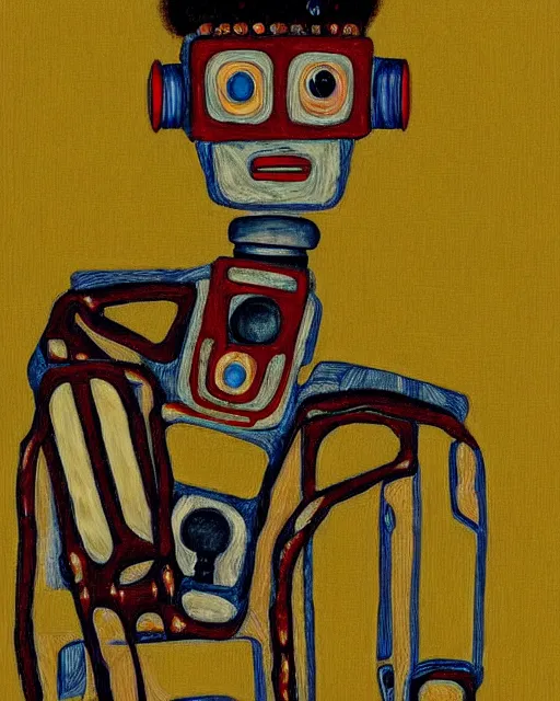 Image similar to portrait of a robot on the sofa, in the style of Egon Schiele