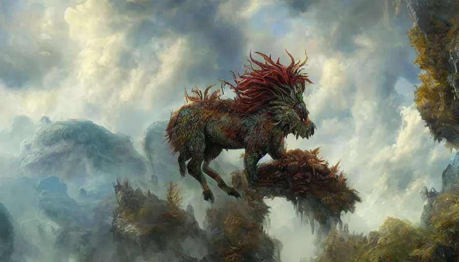 Image similar to excellent painted mythical creature in a surreal landscape in another dimension with fluffy clouds, painted by Hans Fredrik Gude, Greg Rutkowksi, Craig Mullins and Artgerm, concept art 2022, 4k, ultra realistic highly detailed oil painting