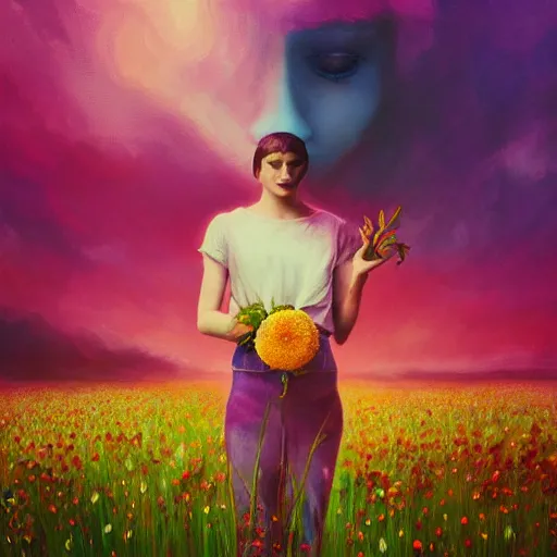 Image similar to girl with a singular flower for a head, surreal photography, dream, standing in flower field, magical, in a valley, sunrise dramatic light, impressionist painting, colorful clouds, artstation, simon stalenhag, flower face