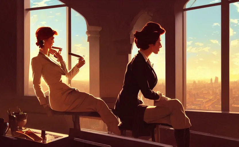 Prompt: Business woman smoking a cigar while she watches the city through a window, sci-fi, highly detailed, digital painting, artstation, concept art, smooth, sharp focus, illustration, art by artgerm and greg rutkowski and alphonse mucha