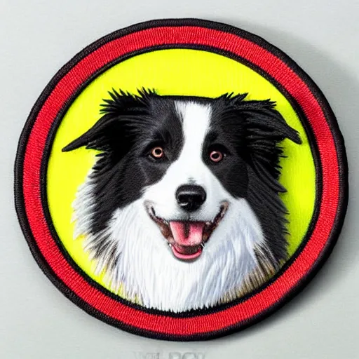 Prompt: a detailed badge border collie embroidered patch, photorealistic, realistic, award winning photo, close up, closeup - view, cinematic lighting, studio lighting, beautiful lighting, advertising photography