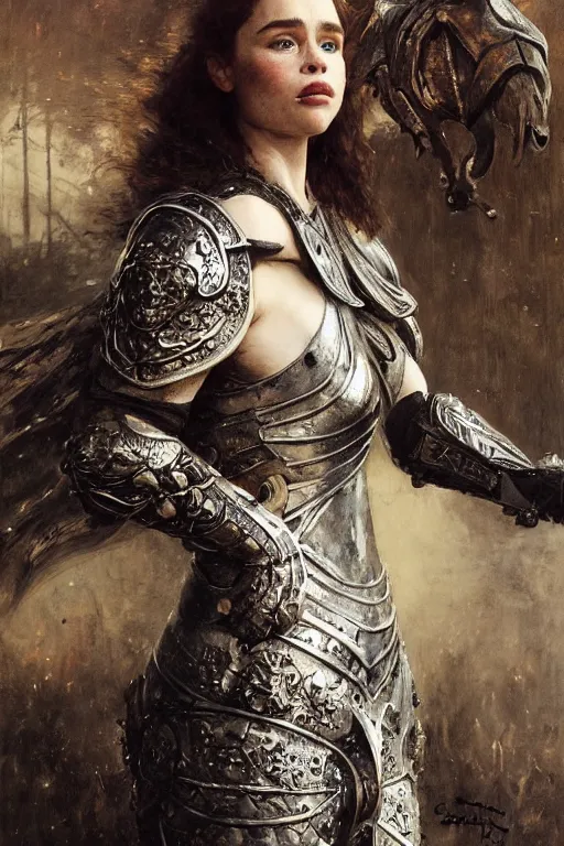 Image similar to redhead emilia clarke wearing black and silver ornamented armour, bare legs, detailed, by gaston bussiere, bayard wu, greg rutkowski, giger, maxim verehin, greg rutkowski, masterpiece, sharp focus, cinematic lightning