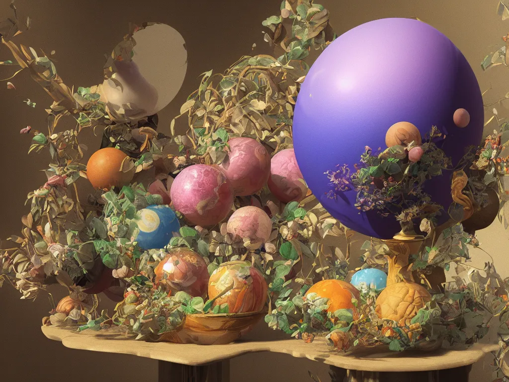 Image similar to 3 d render, sunlight study, the universe is a spheroid region 7 0 5 meters in diameter, art nouveau, by cornelis de heem and ( ( ( ( ( lisa frank ) ) ) ) ), 8 k, sharp focus, octane render