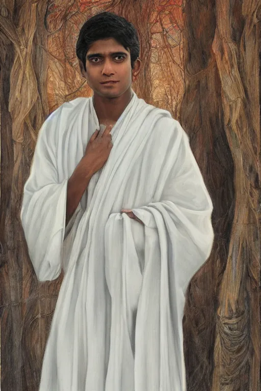 Prompt: sri lankan boy with long hair in white robes, art by Giancola, Donato