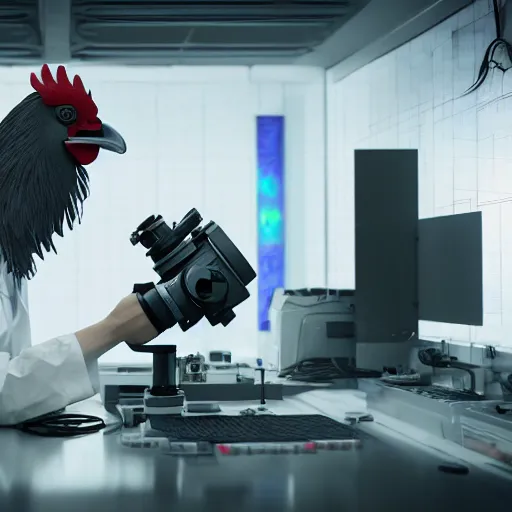 Prompt: rooster scientist looking through a microscope in a futuristic laboratory, unreal engine, blender render, octane render, video game fully rendered scene, highly detailed, high resolution, beautiful lighting, atmospheric