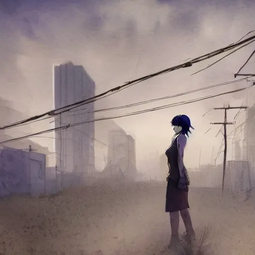 Prompt: incredible wide screenshot, ultrawide, simple watercolor, rough paper texture, ghost in the shell movie scene, backlit distant shot of girl, bold graphic graffiti, bright sun bleached ground, mud, fog, dust, windy, pale beige sky, junk tv, texture, dust, tangled overhead wires, telephone pole, dusty, dry, pencil marks, genius party, A master piece of storytelling, shinjuku, koji morimoto, katsuya terada, masamune shirow, tatsuyuki tanaka hd, 4k, remaster, dynamic camera angle, deep 3 point perspective, fish eye, dynamic scene