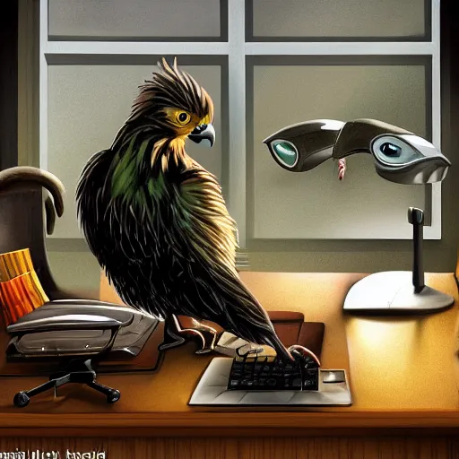 Prompt: a life-like photographic fantasy art raptorial composition of hawk office worker bird-man at computer desk facial portraiture, bird-man is lying on the desk with a baleful eye regarding the computer screen, tired, in stunning digital paint, trending fantasy art by Michael Whelan