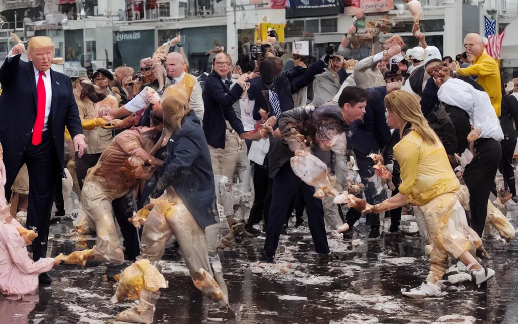 Image similar to donald trump hitting people with pudding, pudding stained clothes, golden hour, boardwalk