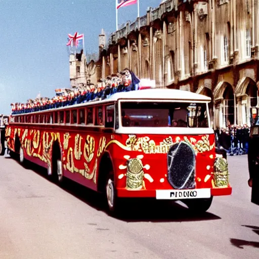 Image similar to The British armed forces parade in the magical mystery tour bus news footage