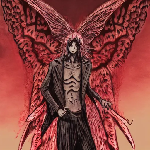 Image similar to 4K headshot of mothman holding something and bloody clothes with giant wings , intricate face , flawless anime cel animation by Kentaro Miura,psychedelic , highly detailed upper body , professionally post-processed , beautiful, scary, symmetry accurate features, epic, octane rendered, anime masterpiece, accurate