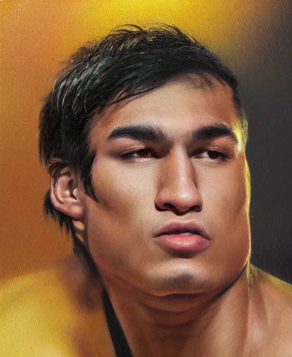 Image similar to portrait of a handsome young tejano wrestler, art by denys tsiperko and bogdan rezunenko, hyperrealism