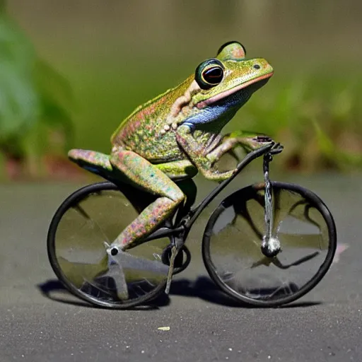 Image similar to photograph of a frog riding a bicycle