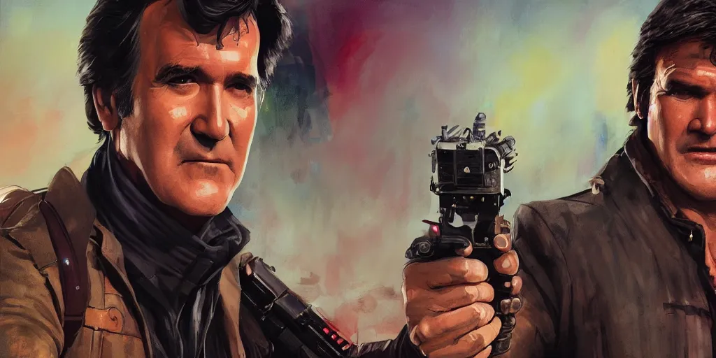 Prompt: bruce campbell as han solo portrait, colorful, contrast, kim jung gi, greg rutkowski, zabrocki, karlkka, jayison devadas, trending on artstation, 8 k, ultra wide angle, zenith view, pincushion lens effect