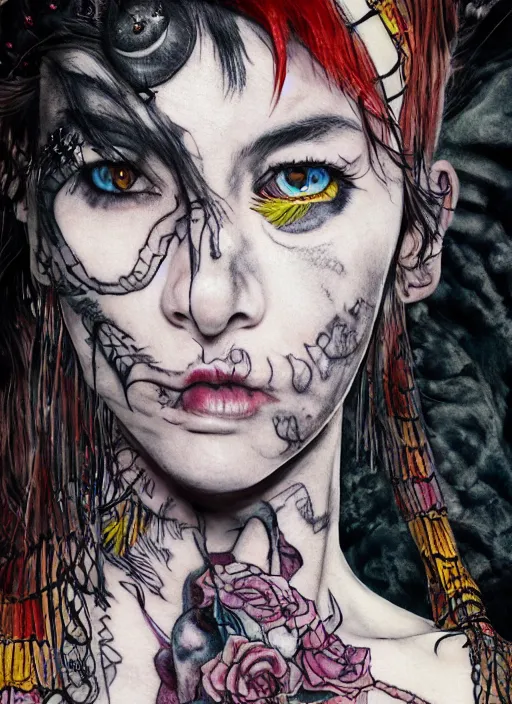 Image similar to portrait, Punk rock Alice in wonderland, caterpillar tattoo on her neck, septum piercing, fishnets, full body, torn skirt, watercolor, dramatic lighting, cinematic, establishing shot, extremely high detail, foto realistic, cinematic lighting, pen and ink, intricate line drawings, by Yoshitaka Amano, Ruan Jia, Kentaro Miura, Artgerm, post processed, concept art, artstation, matte painting, style by eddie mendoza, raphael lacoste, alex ross