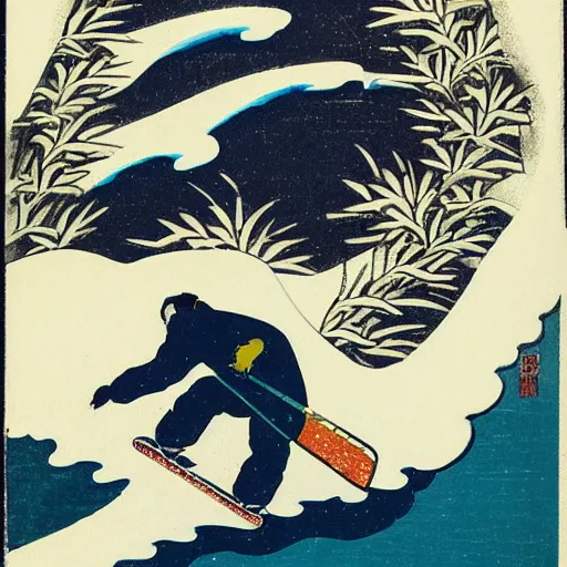 Image similar to man snowboarding with roostertail woodblock print, style of hokusai, fine art, style of kanagawa, winter painting