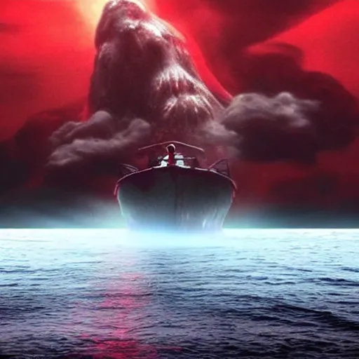 Image similar to anti - christ rising from a red ocean. ominous. vivid color detailed photograph from a 2 0 2 0 s blockbuster vfx horror movie. a capsized boat.