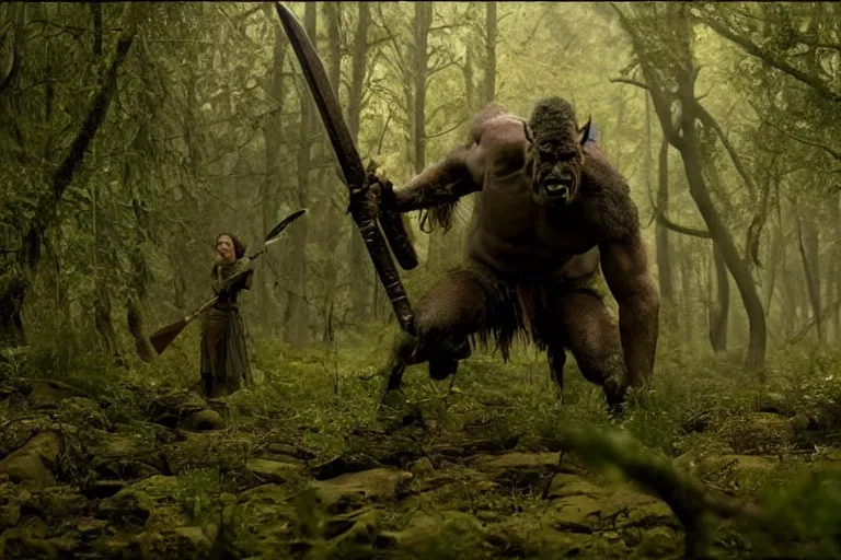 Image similar to vfx movie closeup detailed ancient warrior orc hunting elk in the forest, natural lighting by emmanuel lubezki