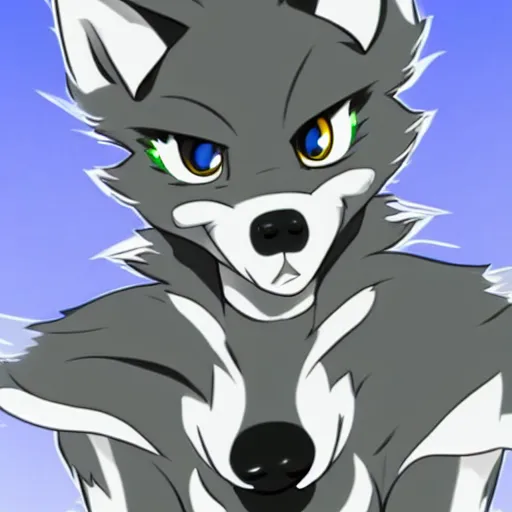 Image similar to official character art of an anthro grey wolf furry fursona in a school uniform, handsome anime eyes, key anime visuals, white background