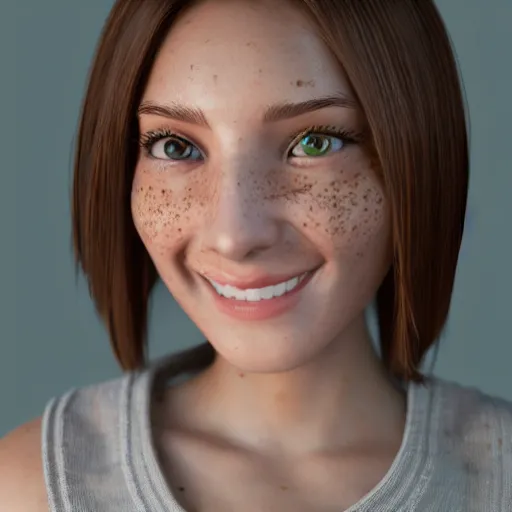 Image similar to Render of April, a cute 3D young woman, bronze brown hair, full round face, green eyes, light tan skin cute freckles, light blush, smiling softly, wearing casual clothing, interior lighting, cozy living room background, medium shot, mid-shot, hyperdetailed, trending on Artstation, Unreal Engine 4k