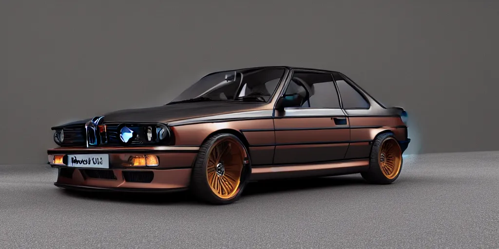 Prompt: a design of a futuristic bmw e30, designed by Polestar, blade runner background, stained antique copper car paint, black windows, sport car, dark show room, dramatic lighting, hyper realistic render, depth of field