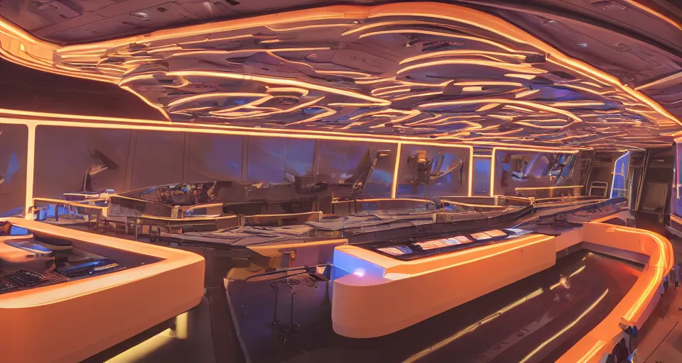 Prompt: Film still of the bridge of a space ship, large viewscreens, control panels, wood effect, wood panels, pot plants, organic, high end interior, soft orange and purple highlights, neutral light, soft edges, calm feeling, Cinestill colour cinematography, anamorphic, detailed, 4k, 8k, intricate, digital art, matte painting