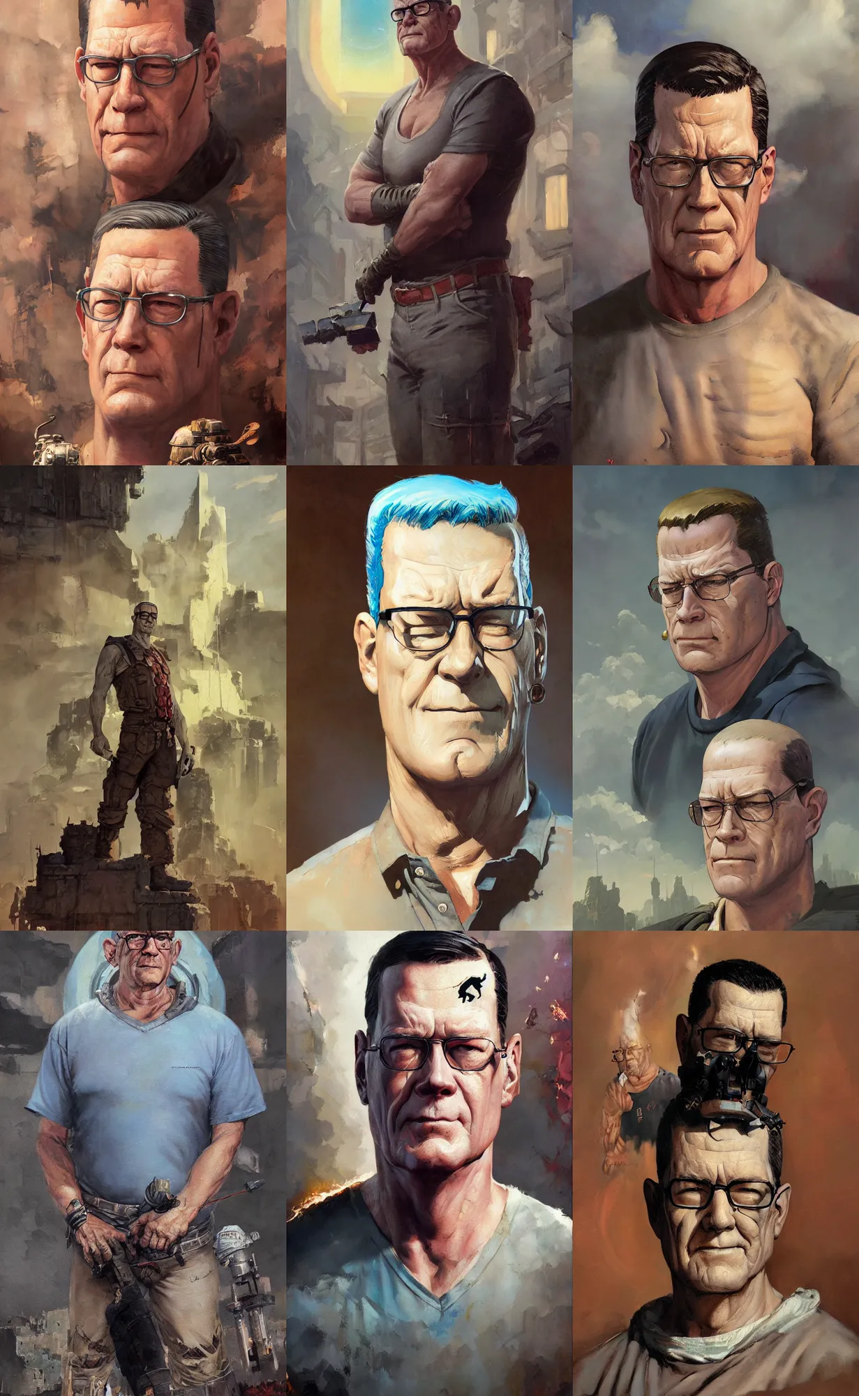 Prompt: A mixed media portrait painting of Hank Hill, by Frank Frazetta, Greg Rutkowski, Beeple, Yoko Taro, Christian MacNevin, epic fantasy character art, roman numerals, high fantasy, CGsociety, full length, exquisite detail, post-processing, masterpiece, cinematic, coliseum backdrop