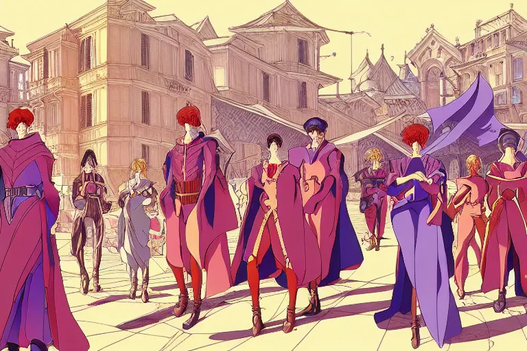 Prompt: cel shaded study of a group of mages in a late renaissance city, key visual with intricate linework, in the style of moebius, ayami kojima, 9 0's anime, retro fantasy