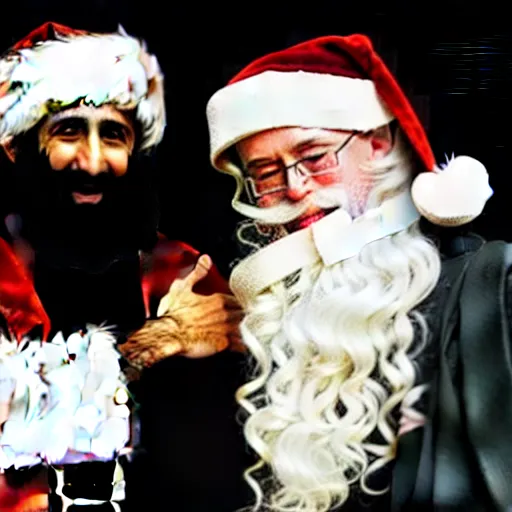 Prompt: uhd candid photo of santa and osama bin laden with seal team 6. selfie. annie leibowitz and steve mccurry