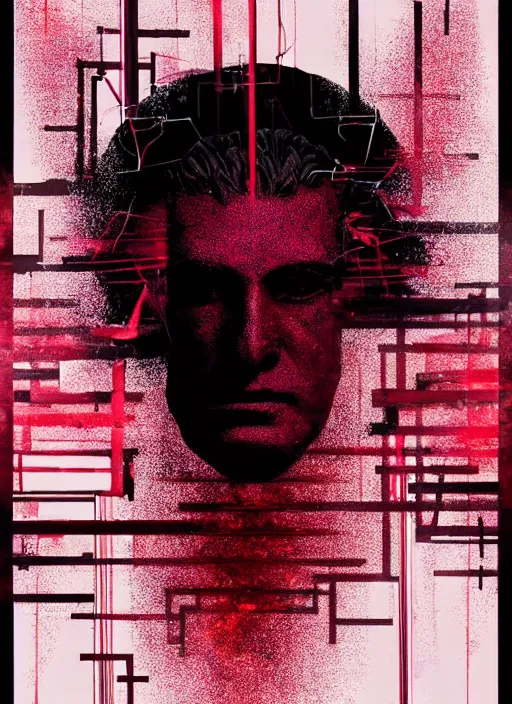 Image similar to elegant dark design poster showing a dynamic statue of achilles, black background with very subtle red and purple design elements, bold, powerful, nekro, vito acconci, thin straight purple lines, dark, glitch art, neo vaporwave, gritty, layout frame, square, trending on artstation