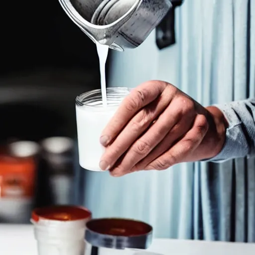 Image similar to an aluminum can being poured out out, pouring white liquid, pouring milk. advertisement, canned milk