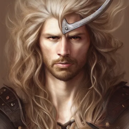 Image similar to portrait, handsome long - haired fantasy paladin, blond, rpg game, stern expression, long hair, highly detailed, digital painting, artstation, concept art, smooth, sharp focus, illustration, artgerm, tomasz alen kopera, peter mohrbacher, donato giancola, joseph christian leyendecker, wlop, frank frazetta