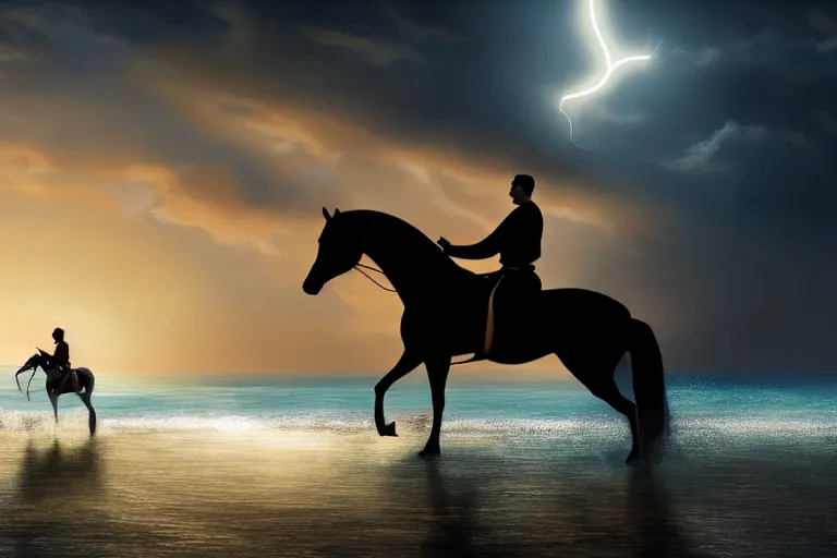 Image similar to photo of man riding a horse along the beach, glowing underwater waves toward a lighthouse in the distance guiding his way, silhouette, wide horizon, large white clouds, flying birds, night, intricate, elegant, highly detailed, digital painting, artstation, concept art, smooth, sharp focus, illustration, art by artgerm and greg rutkowski and fra angelico