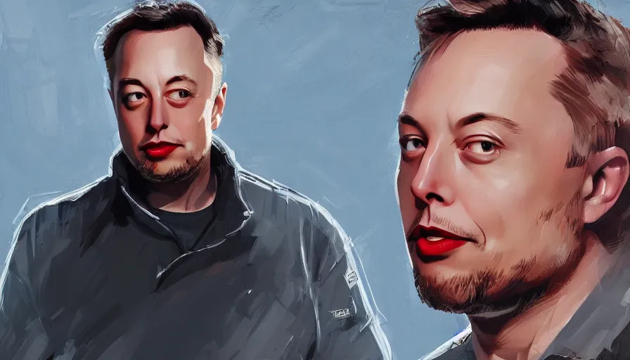 Image similar to concept art of hari seldonand elon musk by jama jurabaev, very long shot, brush hard, artstation, high quality, brush stroke