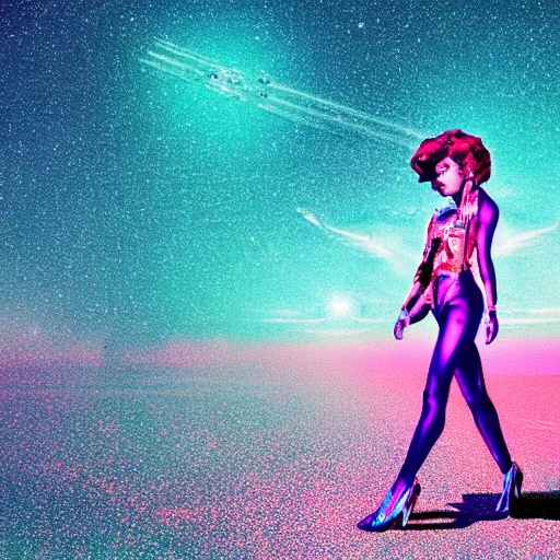 Image similar to A wide angle shot from below of a feminine body walking with swagger towards camera on mars in an infinite universe , synthwave digital art