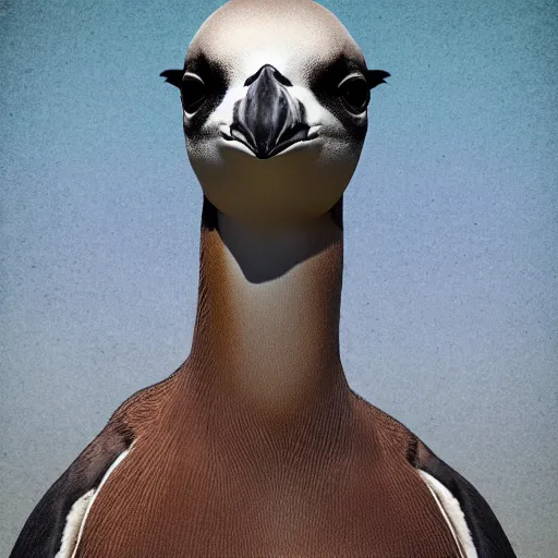 Image similar to a real footage of a new animal species, a mix hybdrid between a penguin body, a giraffe neck, hyperdetailed mix, photomanipulation