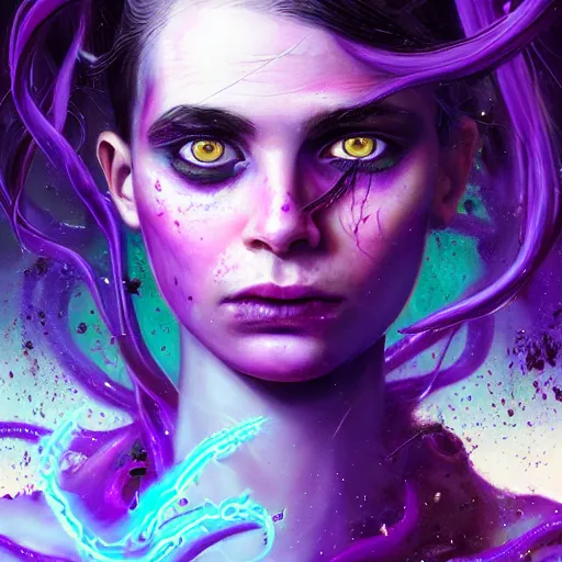 Image similar to detailed photo portrait of a furious teen girl with thin, hair-like purple tentacles on her head and bright purple eyes, 8k,by tristan eaton, Stanley Artgermm,Tom Bagshaw,Greg Rutkowski,Carne Griffiths,trending on DeviantArt, face enhance,hyper detailed ,full of colour, dramatic lightning