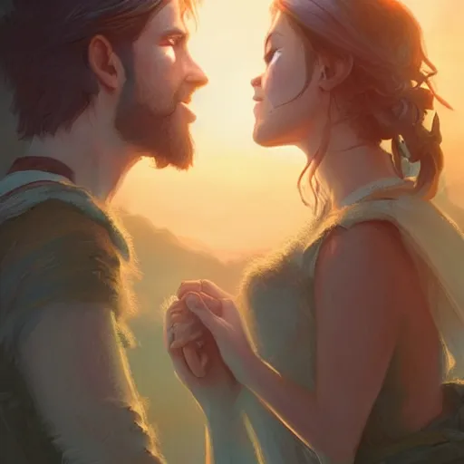 Image similar to a young couple hugging each other at sundown, D&D, fantasy, highly detailed, digital painting, trending on artstation, concept art, sharp focus, illustration, art by artgerm and greg rutkowski and magali villeneuve