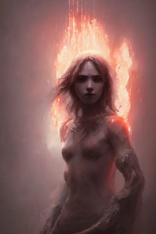 Prompt: a beautiful portrait of a young Demon women covered in white flames by Greg Rutkowski, Sung Choi, Mitchell Mohrhauser, Maciej Kuciara, Johnson Ting, Maxim Verehin, Peter Konig, Bloodborne , 8k photorealistic, cinematic lighting, HD, high details, atmospheric , trending on artstation