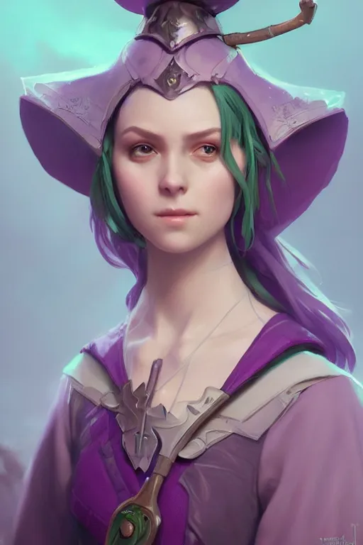 Image similar to portrait of a cute warlock girl with a staff in warlock armor, soft, purple and green, by tom bagshaw and atey ghailan and artgerm and and greg rutkowski, hyper realistic, octane render, trending on artstation