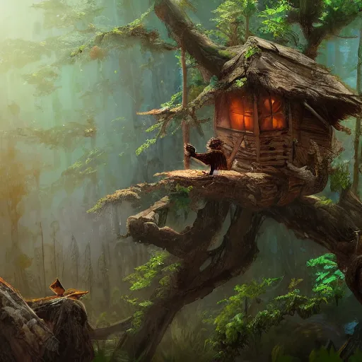 Image similar to adventurous ewok exploring the connected treehouses on top the tall wooded forest, artstation, colorful